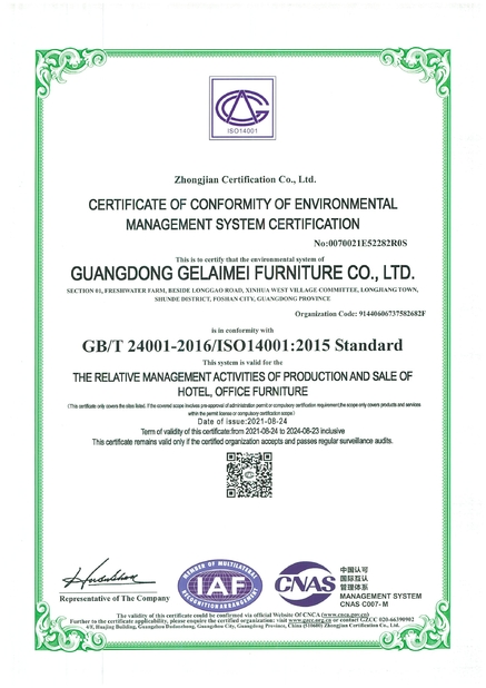 Chine GUANGDONG GELAIMEI FURNITURE CO.,LTD Certifications